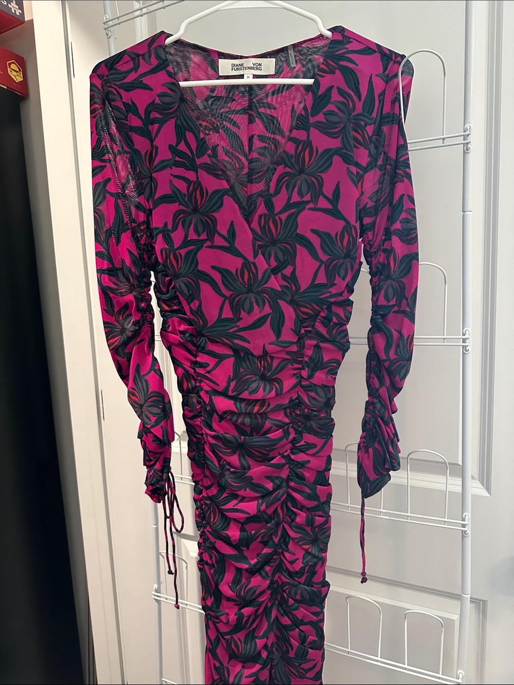 Diane Von Furstenberg Fuchsia & Black Floral Ruched Wrap-Style Dress